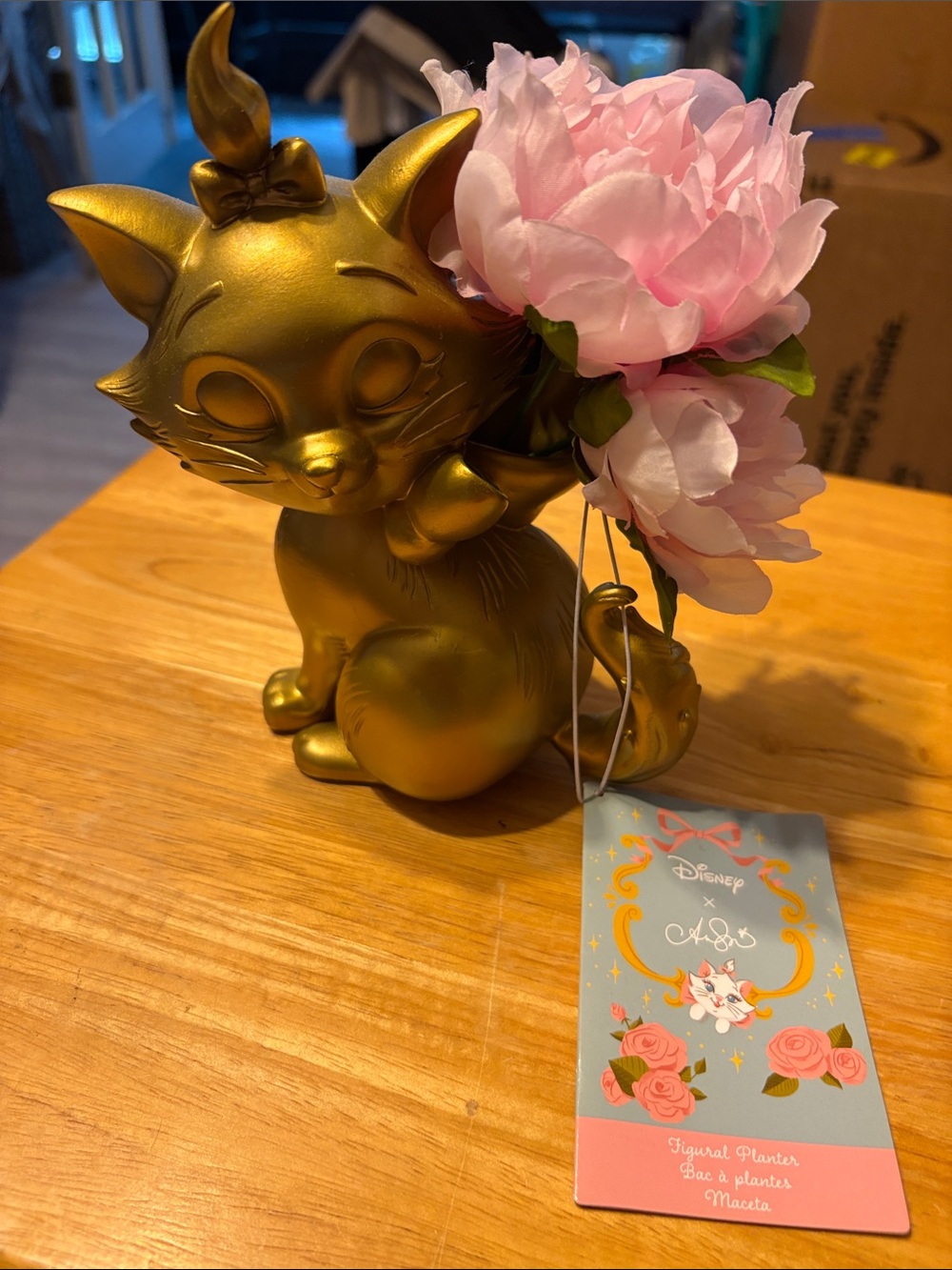 Disney Gold Marie Figurine Planter with Pink Faux Peony